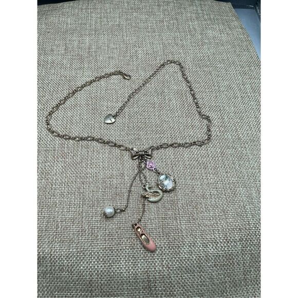 Vintage Betsey Johnson Ballet Theme Necklace Swan Frame Shoe Pearl and Bow - Picture 4 of 7